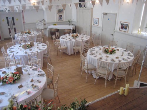 (56) Round tables laid for a wedding. image